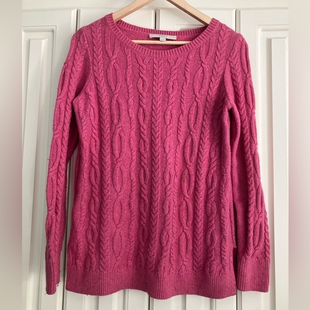 Ann Taylor LOFT Pink Cable‎ Knit Cotton Blend Crew Neck Sweater Size Medium